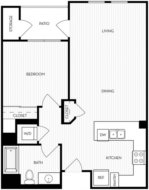 Floor plan for 1 bed, 1 bath, 711 sqft