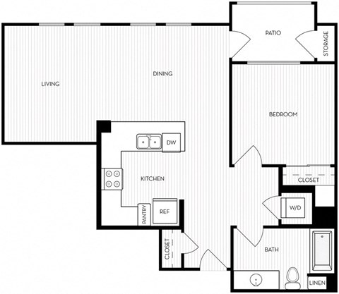 Floor plan for 1 bed, 1 bath, 796 sqft