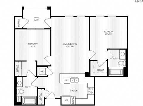 Floor plan for 2 beds, 2 baths, 954 sqft