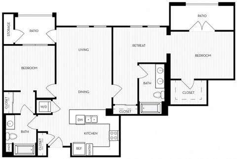 Floor plan for 2 beds, 2 baths, 1170 sqft