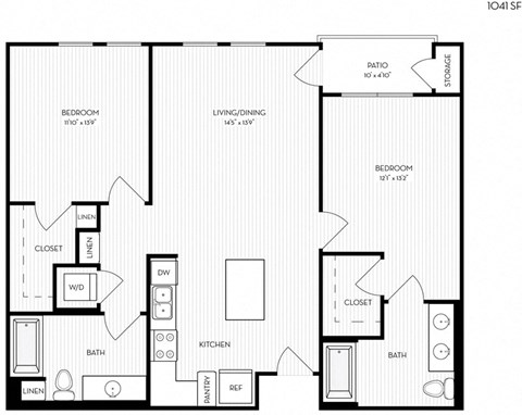 Floor plan for 2 beds, 2 baths, 1041 sqft