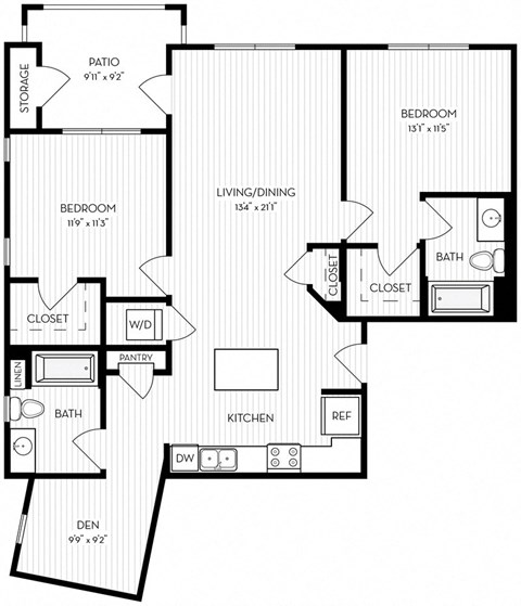 Floor plan for 2 beds, 2 baths, 1074 sqft