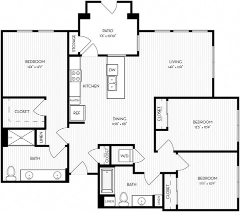 Floor plan for 3 beds, 2 baths, 1218 sqft