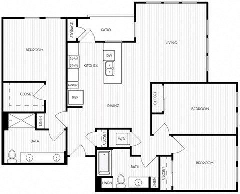 Floor plan for 3 beds, 2 baths, 1280 sqft