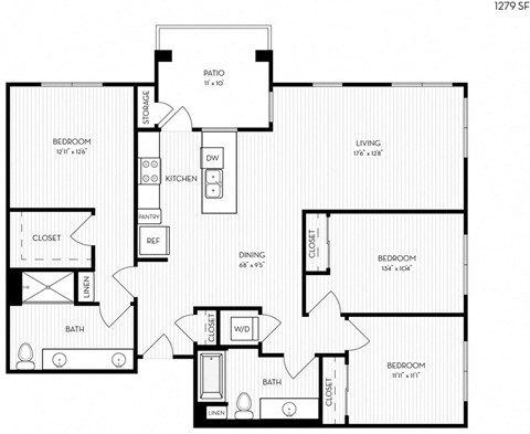Floor plan for 3 beds, 2 baths, 1218 sqft