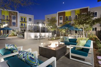 Outdoor lounge area with firepit