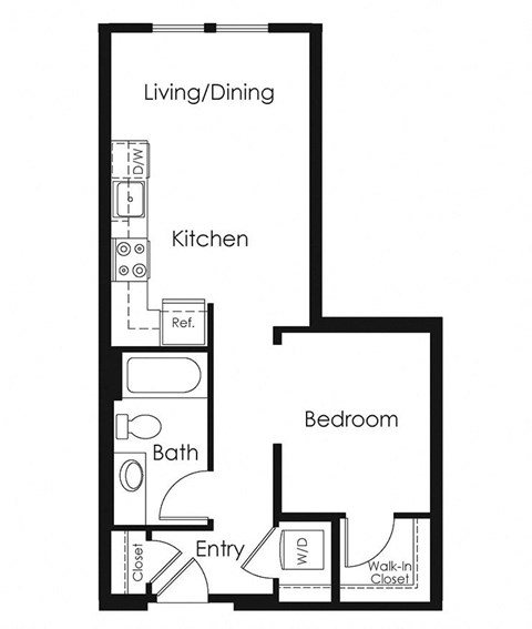 Floor plan for 1 bed, 1 bath, 641 sqft