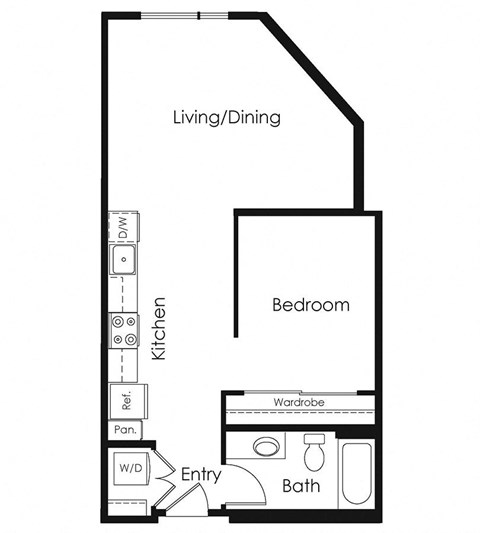 Floor plan for 1 bed, 1 bath, 649 sqft