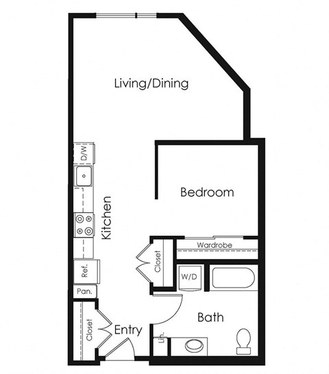 Floor plan for 1 bed, 1 bath, 651 sqft