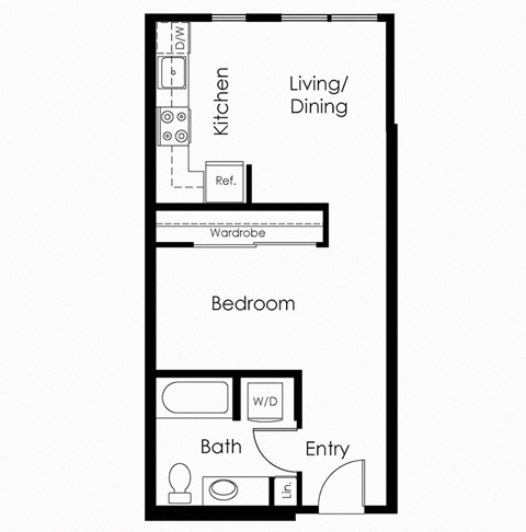 Floor plan for 1 bed, 1 bath, 572 sqft