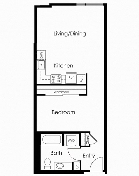 Floor plan for 1 bed, 1 bath, 665 sqft