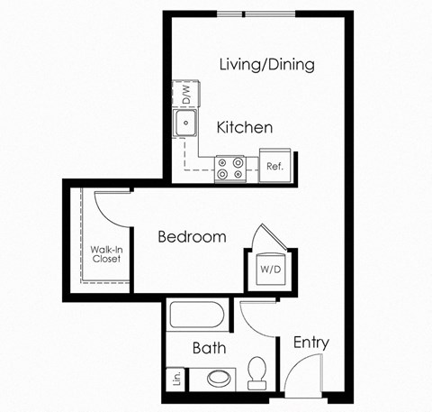 Floor plan for 1 bed, 1 bath, 537 sqft