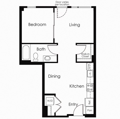 Floor plan for 1 bed, 1 bath, 665 sqft