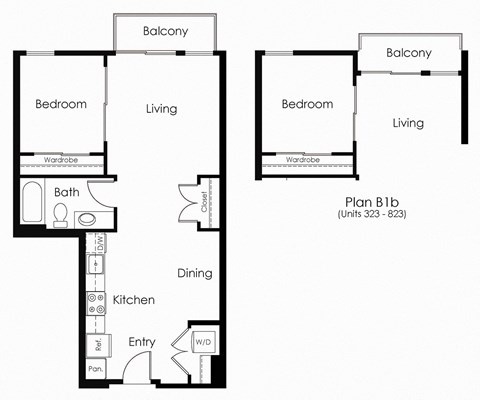 Floor plan for 1 bed, 1 bath, 678 sqft