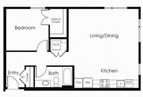 Floor plan for 1 bed, 1 bath, 798 sqft