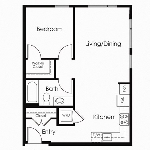 Floor plan for 1 bed, 1 bath, 682 sqft