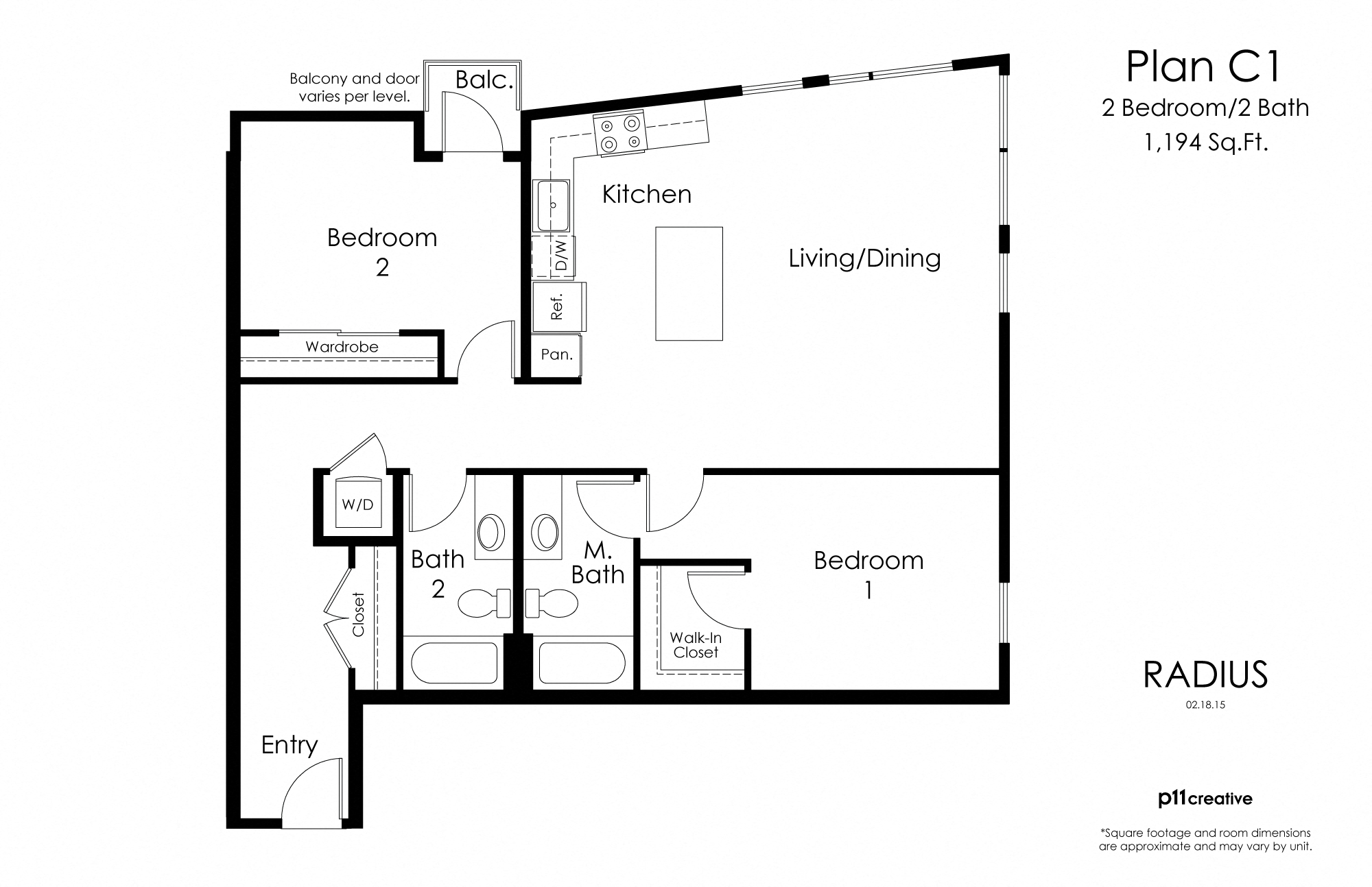 Floor plan for 2 beds, 2 baths, 1194 sqft