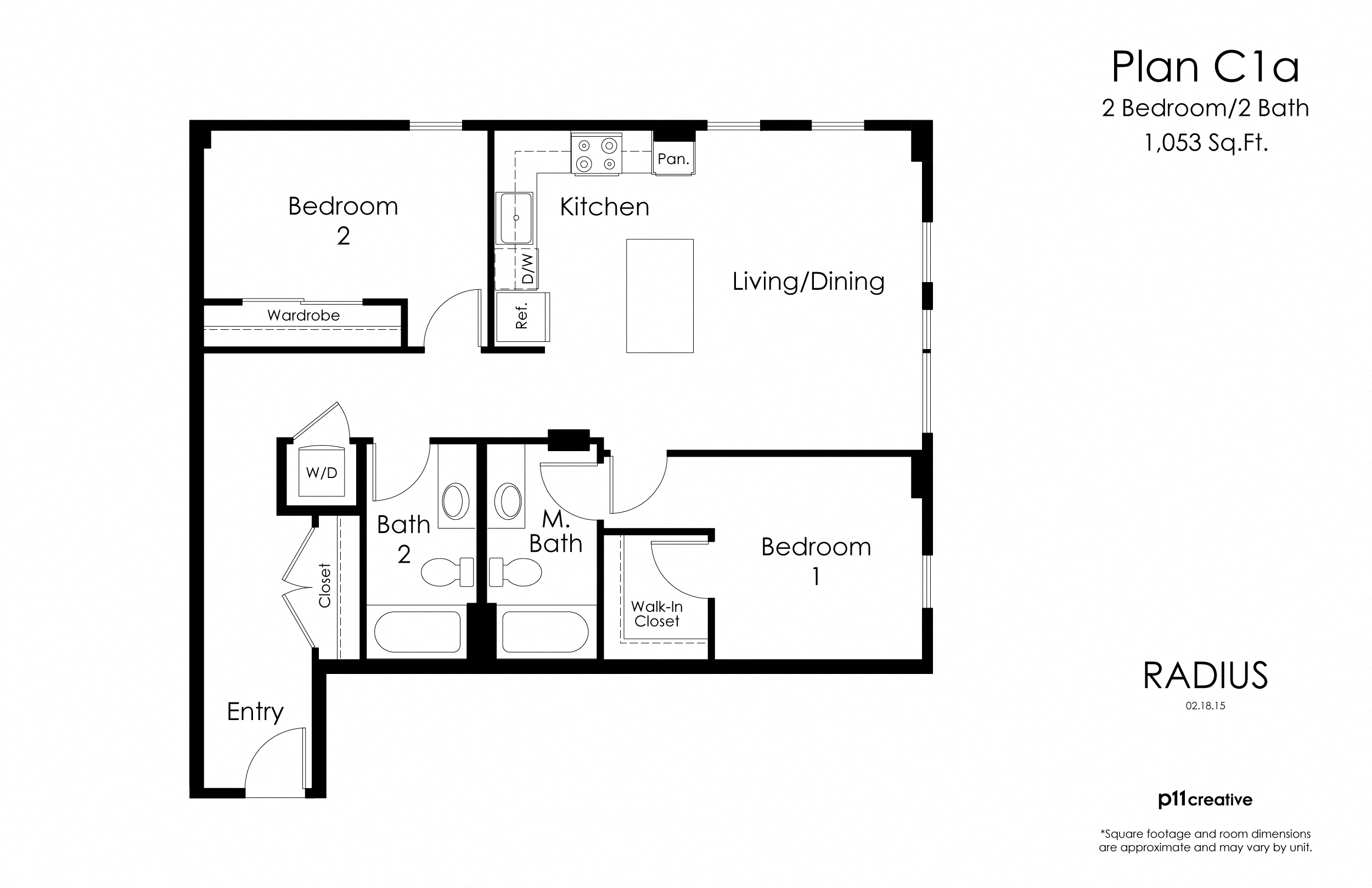 Floor plan for 2 beds, 2 baths, 1053 sqft