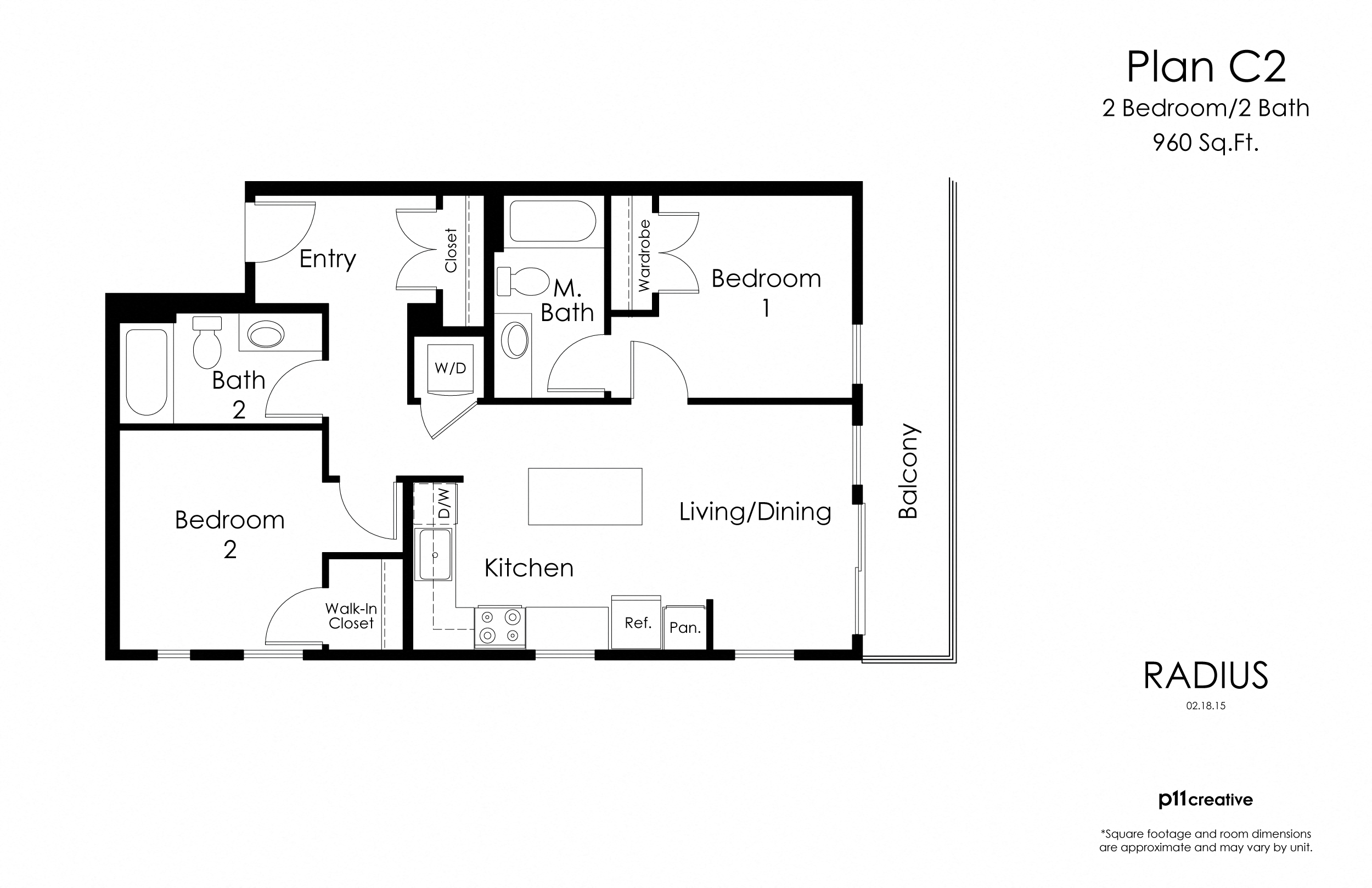 Floor plan for 2 beds, 2 baths, 960 sqft