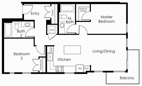 Floor plan for 2 beds, 2 baths, 975 sqft