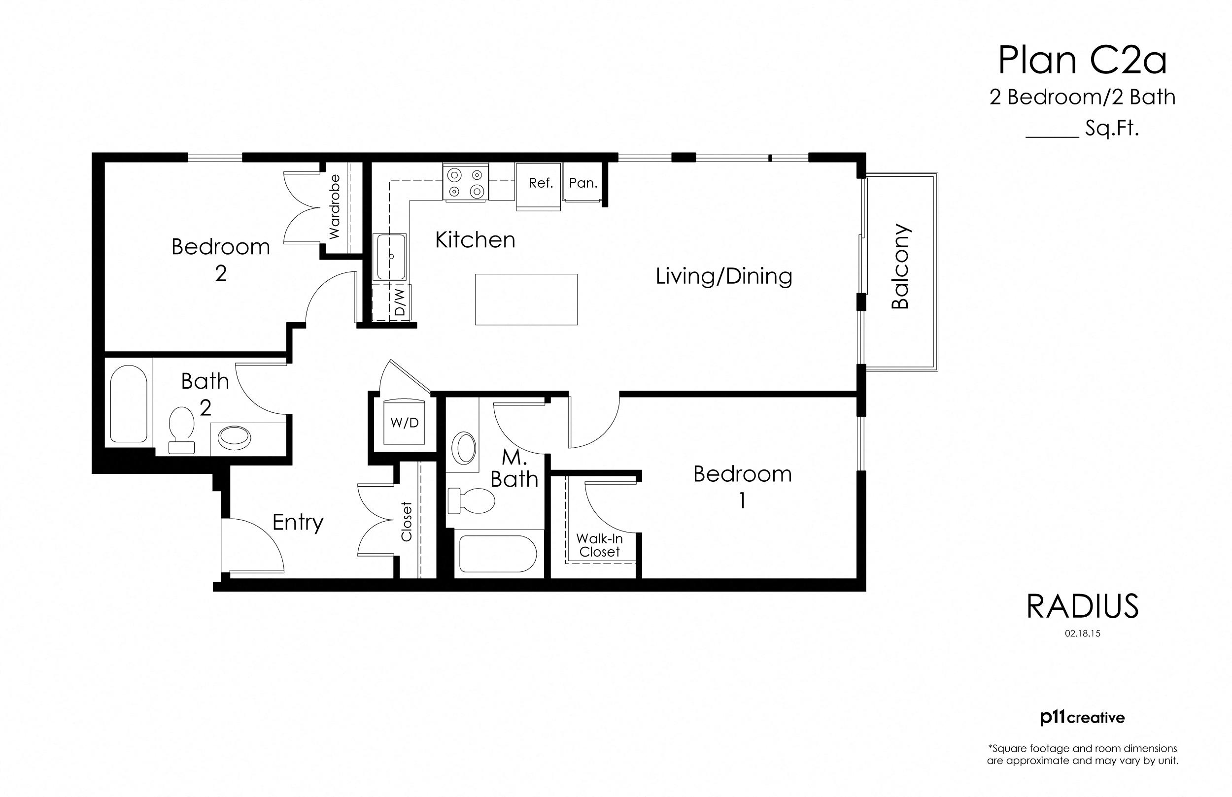 Floor plan for 2 beds, 2 baths, 979 sqft