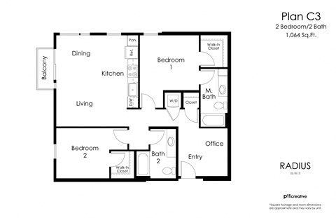 Floor plan for 2 beds, 2 baths, 1064 sqft