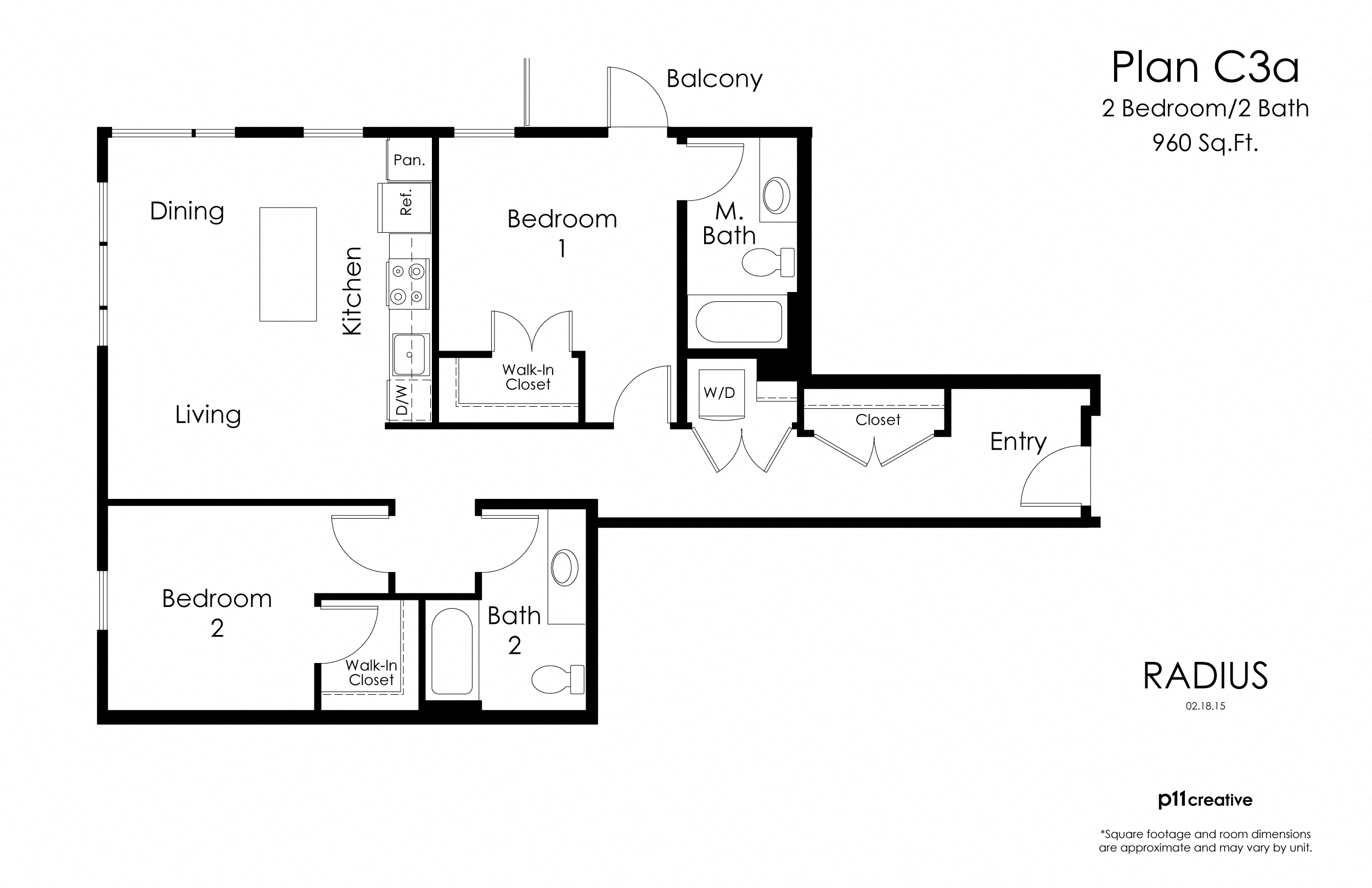 Floor plan for 2 beds, 2 baths, 1064 sqft