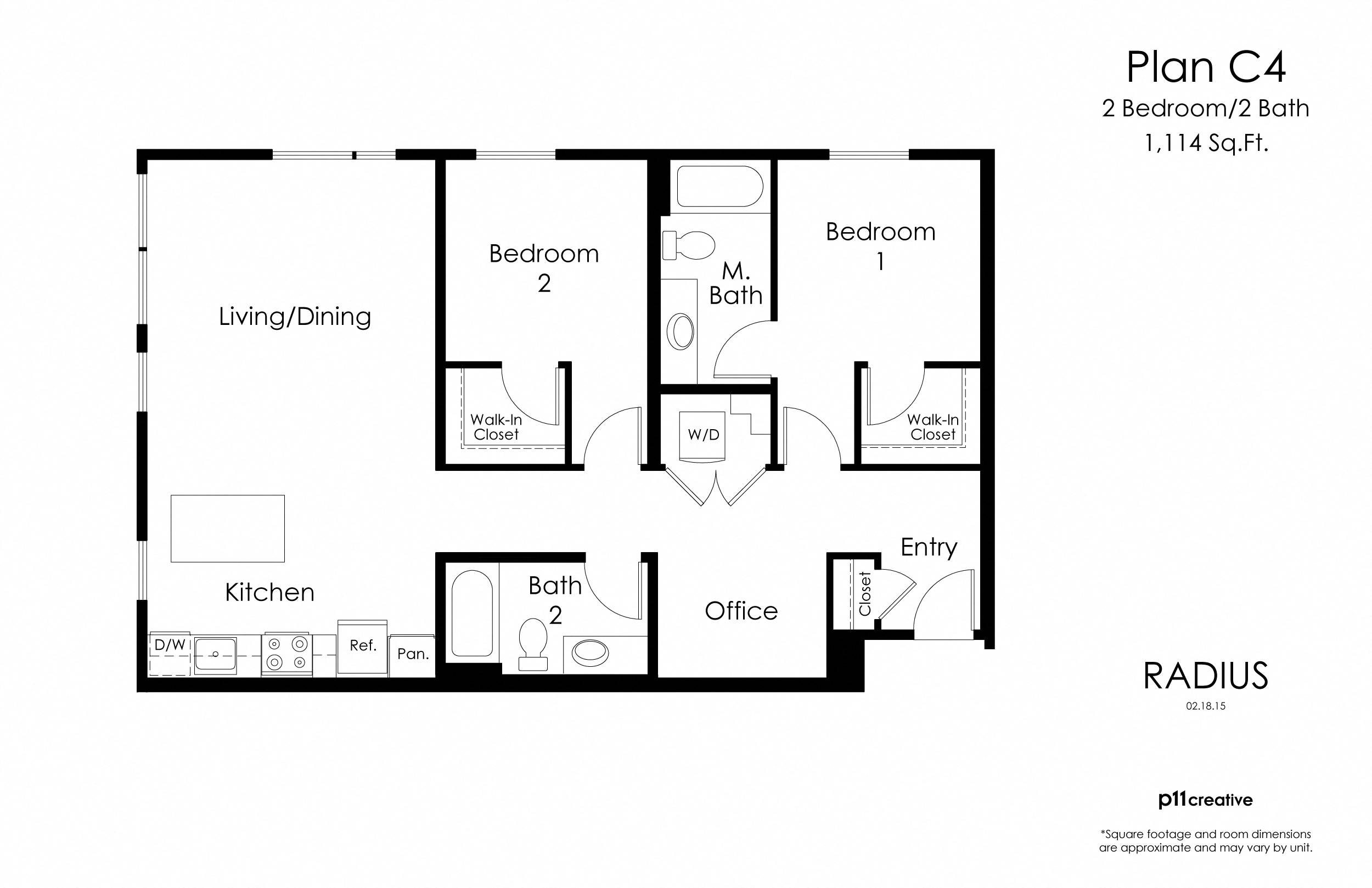 Floor plan for 2 beds, 2 baths, 1065 sqft