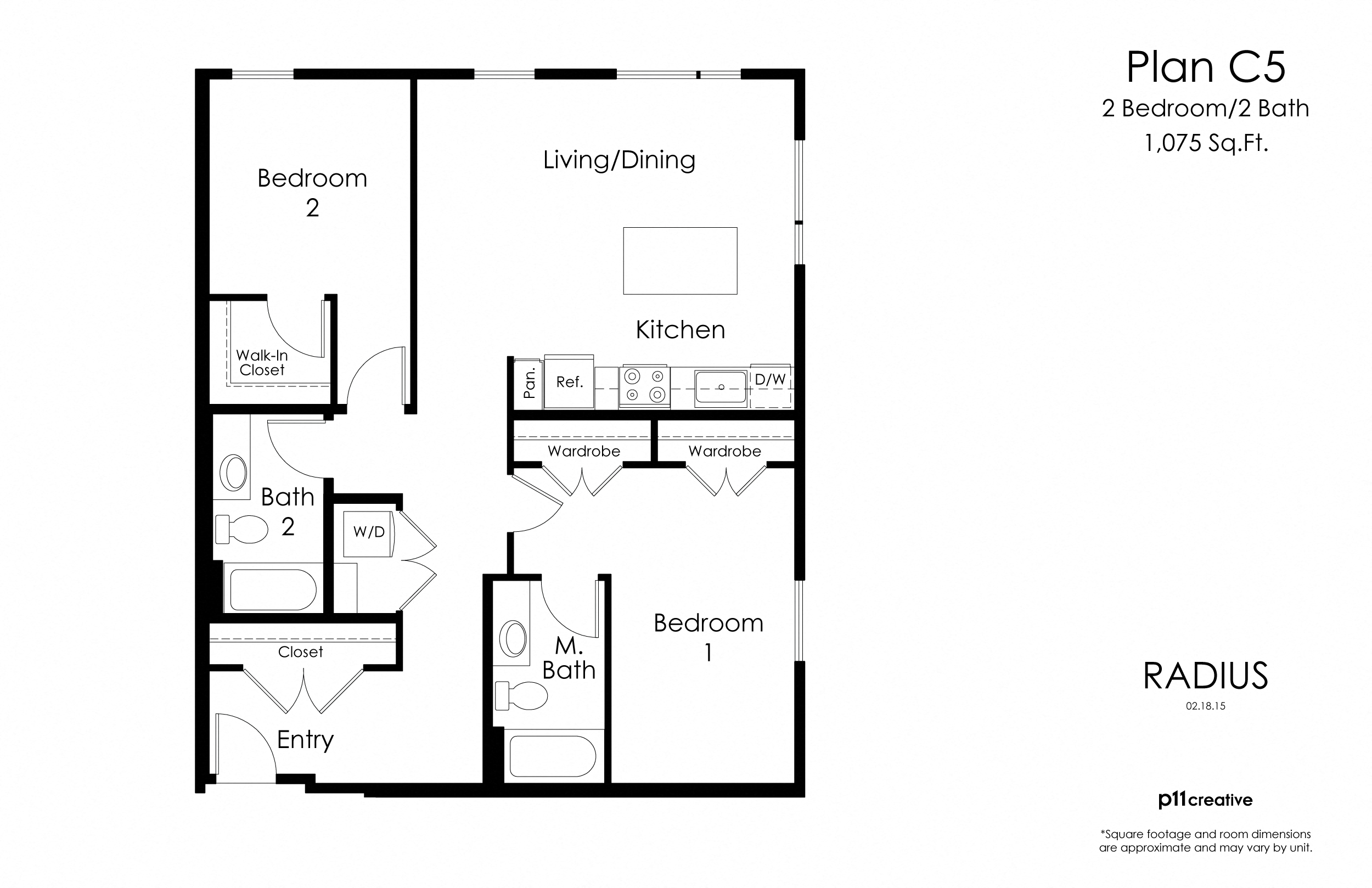 Floor plan for 2 beds, 2 baths, 1075 sqft