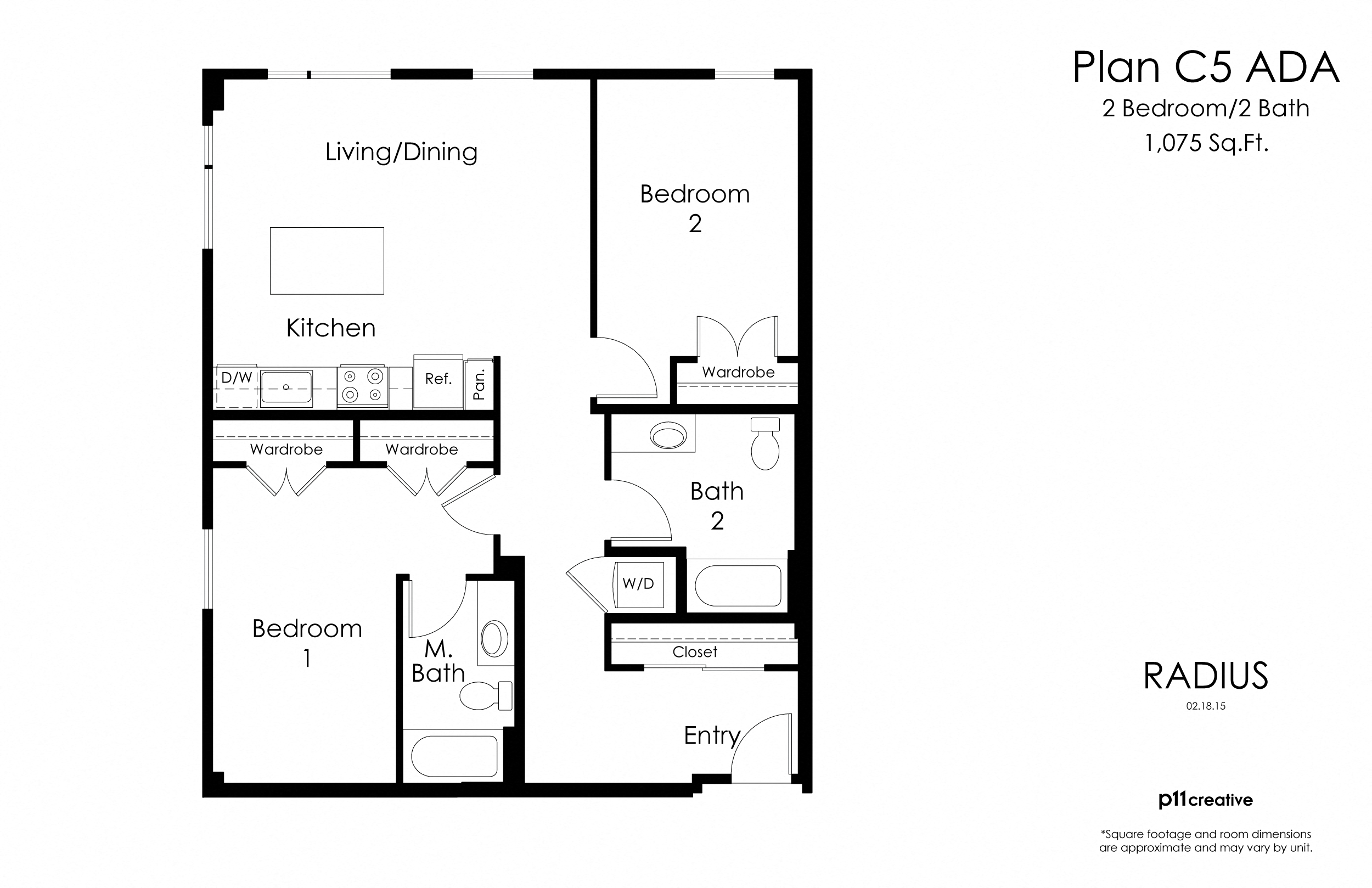 Floor plan for 2 beds, 2 baths, 1075 sqft