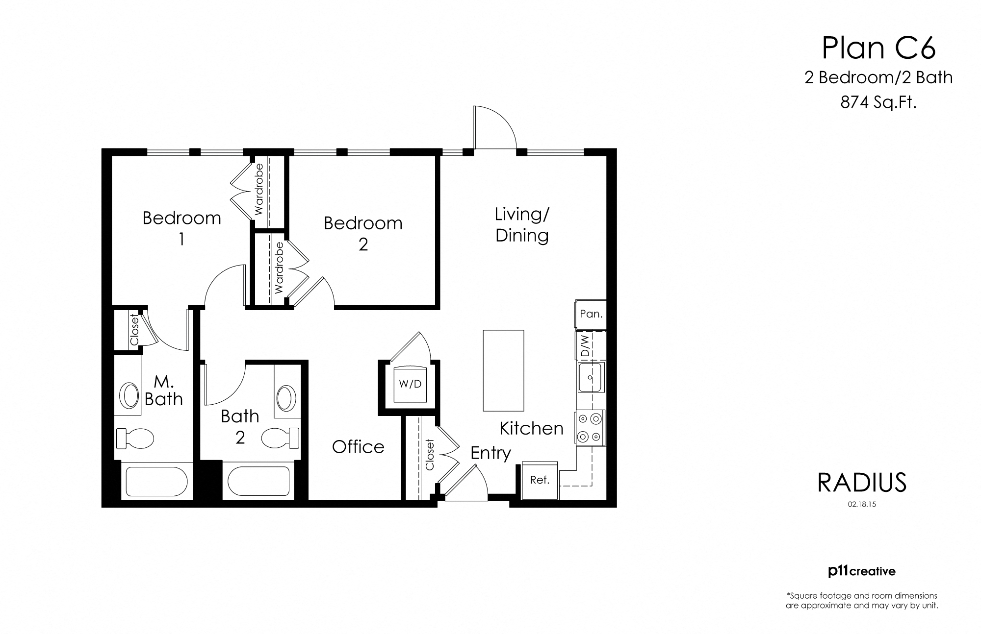 Floor plan for 2 beds, 2 baths, 874 sqft