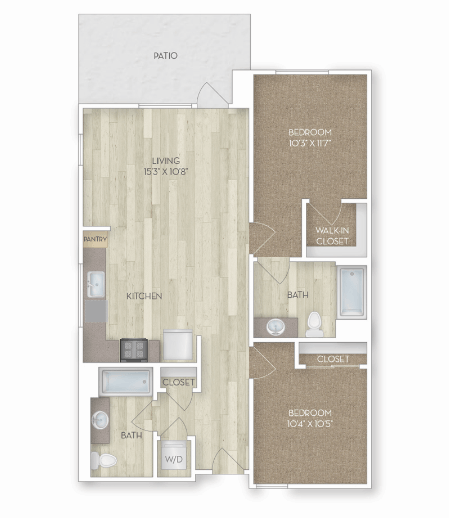 Floor plan for 2 beds, 2 baths, 999 sqft