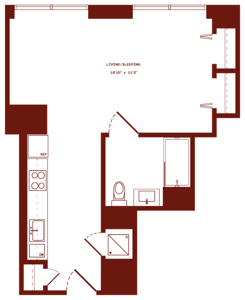 Floor plan for studio, 1 bath, 508 sqft