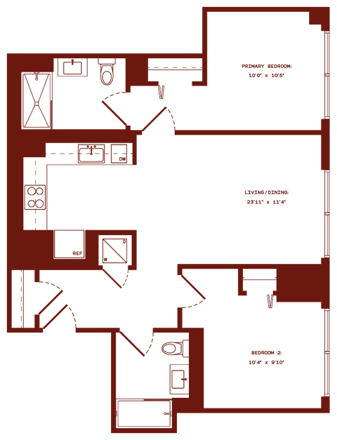 Floor plan for 2 beds, 1 bath, 888 sqft