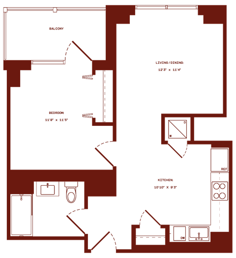 Floor plan for 1 bed, 1 bath, 644 sqft