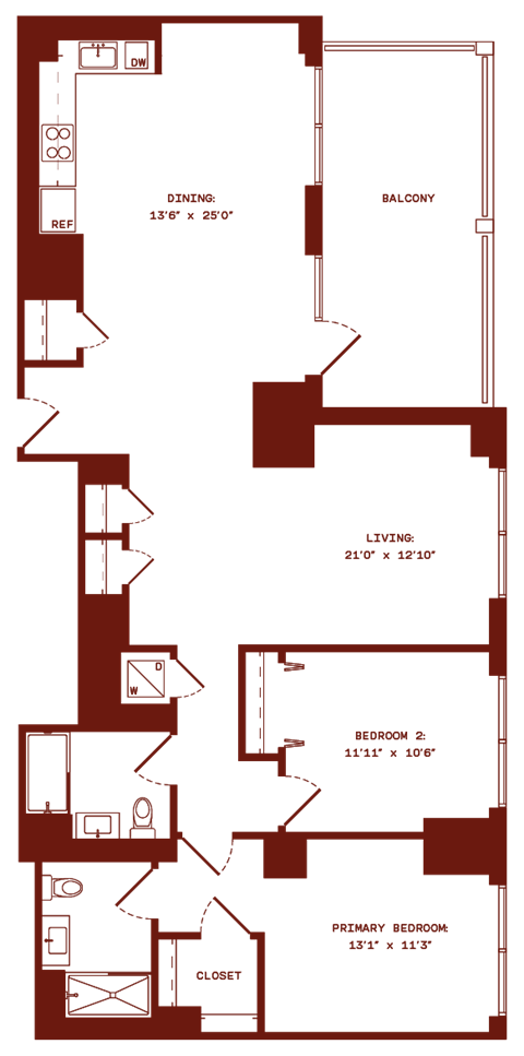Floor plan for 2 beds, 1 bath, 1376 sqft