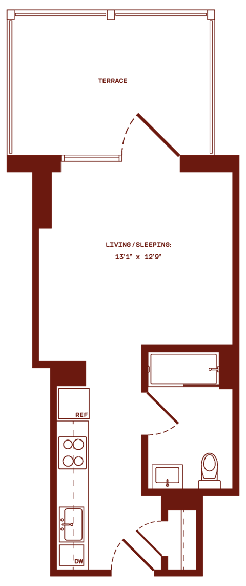 Floor plan for studio, 1 bath, 388 sqft