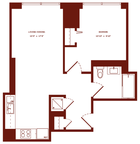Floor plan for 1 bed, 1 bath, 616 sqft