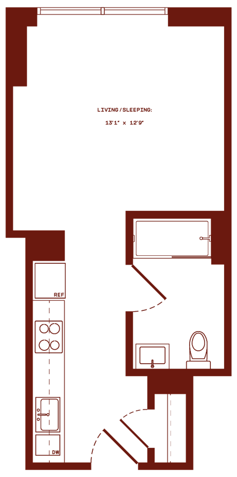 Floor plan for studio, 1 bath, 401 sqft