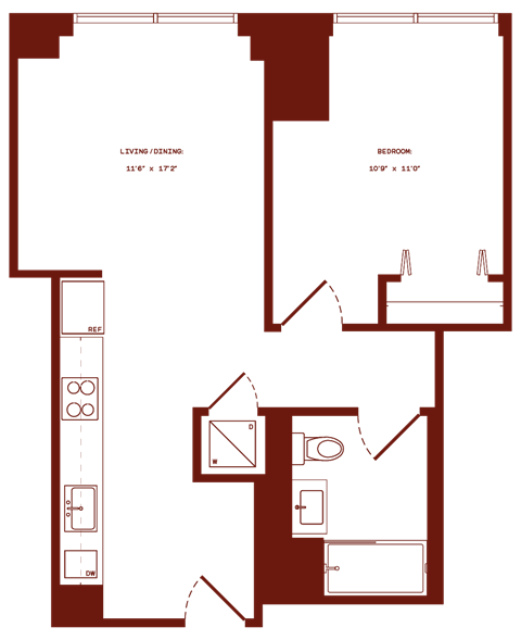 Floor plan for 1 bed, 1 bath, 595 sqft