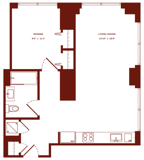 Floor plan for 1 bed, 1 bath, 661 sqft