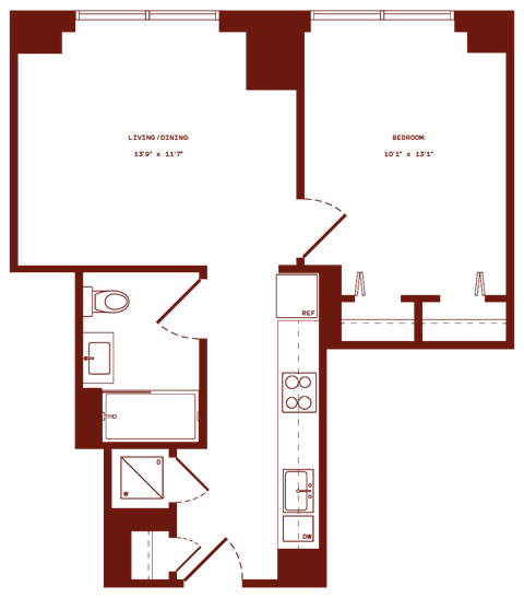 Floor plan for 1 bed, 1 bath, 700 sqft
