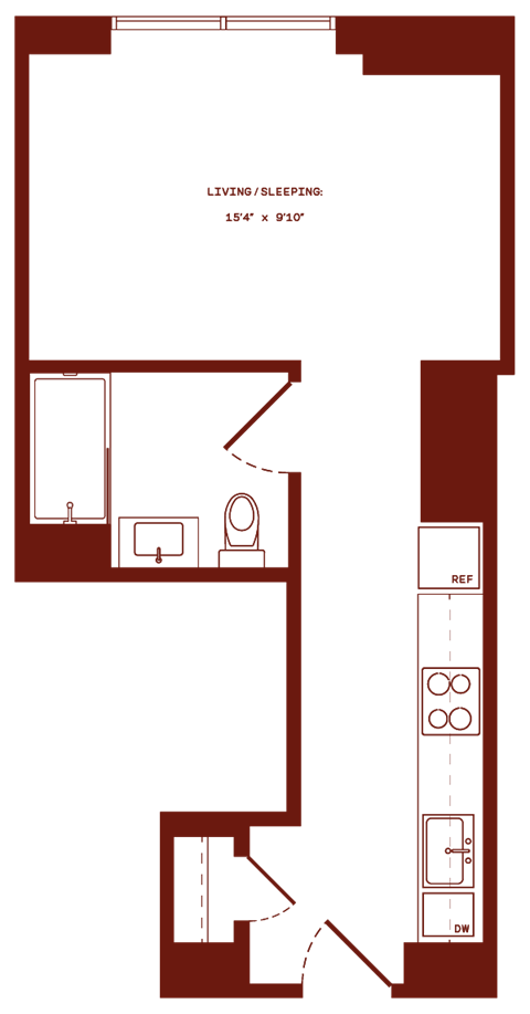 Floor plan for studio, 1 bath, 412 sqft