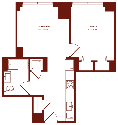 Floor plan for 1 bed, 1 bath, 564 sqft