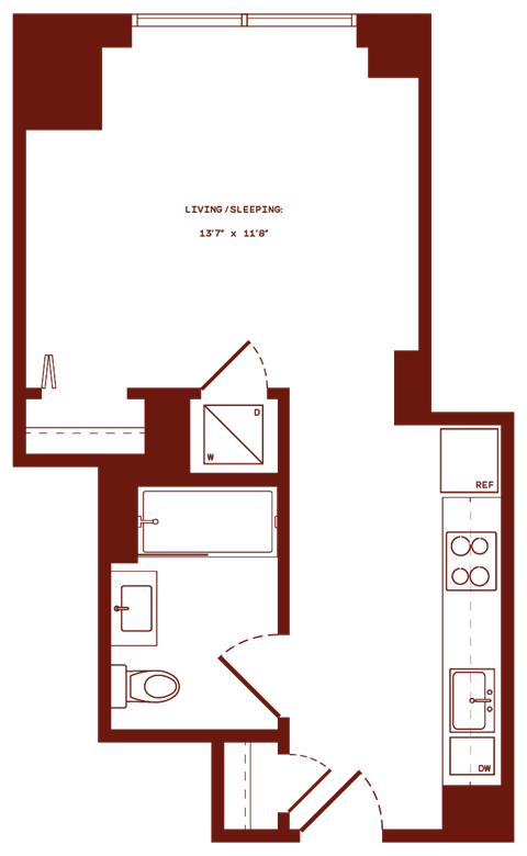 Floor plan for studio, 1 bath, 411 sqft