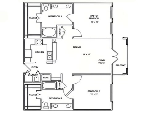 Floor plan for 2 beds, 2 baths, 1139 sqft
