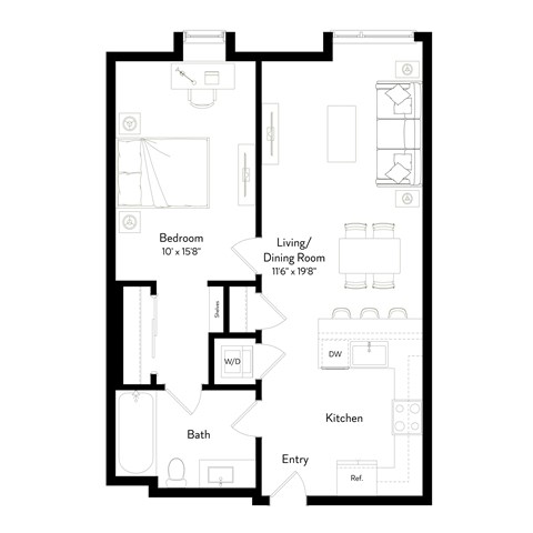 Floor plan for 1 bed, 1 bath, 761 sqft