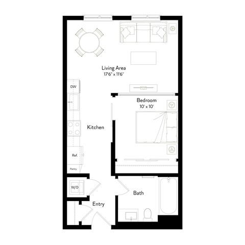 Floor plan for 1 bed, 1 bath, 690 sqft