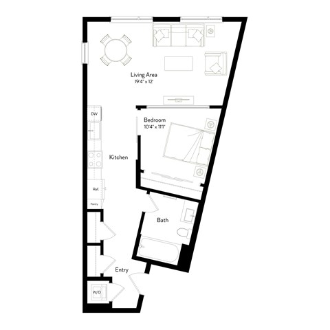 Floor plan for 1 bed, 1 bath, 732 sqft