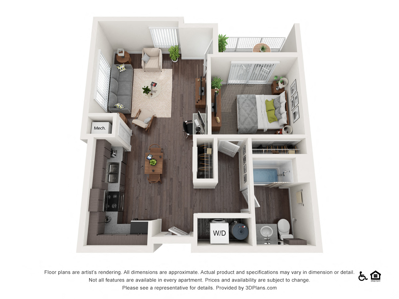 Floor plan for 1 bed, 1 bath, 672 sqft